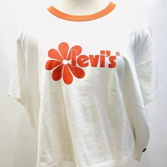 NWT LEVI'S Women Short Sleeve Pullover Round High Neck White Cropped Top Sz 1X - Picture 1 of 9